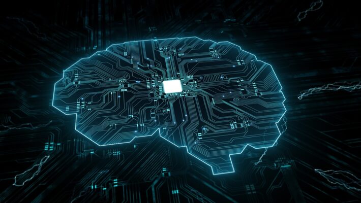 Digital circuit brain with glowing lines, concept of artificial intelligence and neural networks