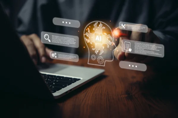 Person interacting with AI technology on a digital interface, concept of artificial intelligence and machine learning